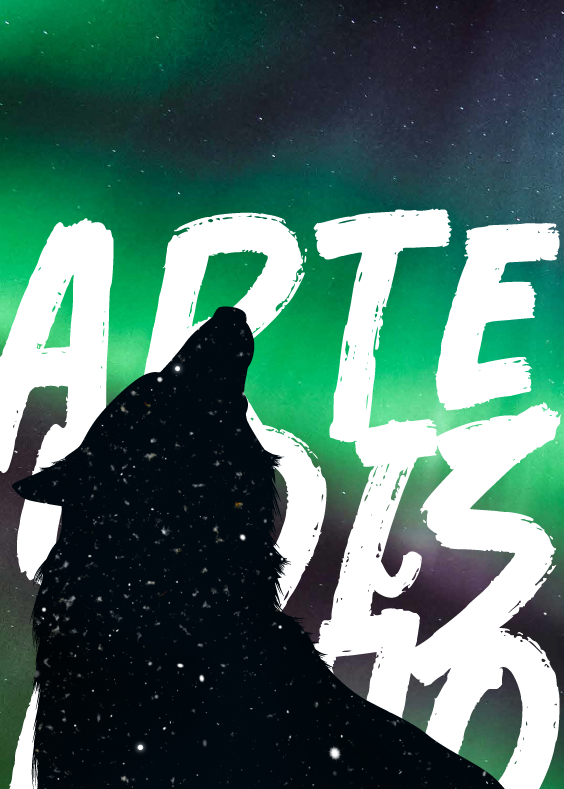 Lobo de Arte y Diseño bajo una aurora verde