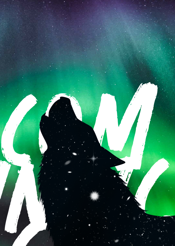 Lobo de Comunicación bajo una aurora turquesa